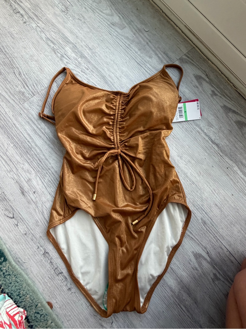 Vince Camuto Metallic Copper One-Piece Swimsuit with Front Drawstring